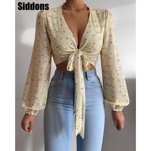 Spring Flare Long Sleeve Beach Shirts Blouse Solid Sexy Deep V Neck Women Shirt Blusas Summer Tie-Up Hollow Out Tops Streetwear