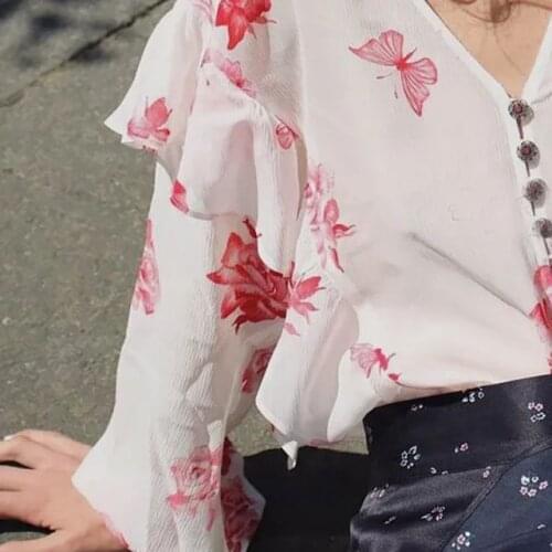 Women Shirt 2019 Spring and Summer New Rhinestone Buckle Lotus Leaf V-neck Silk Printed Shirt