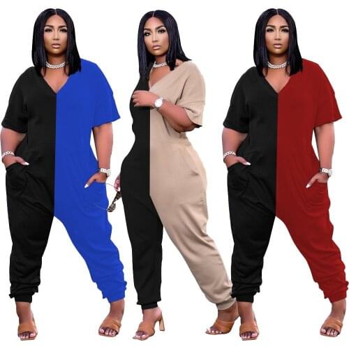 Sexy Plus Size Patchwork Jumpsuit Casual Outfits Summer Clothes For Women Short Sleeve Loose One Piece Rompers Playsuit L~4XL