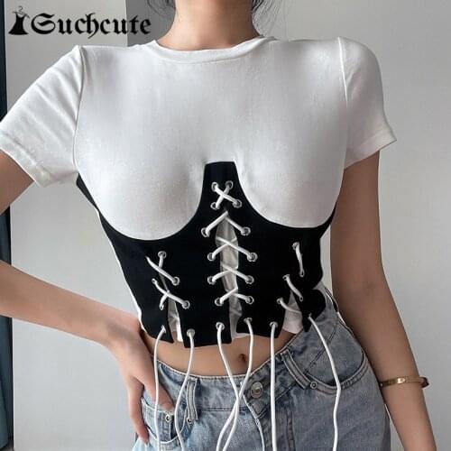 SUCHCUTE Patchwork Corset T-Shirts Women Short Sleeve Aesthetic Skinny Gothic Clothes Harajuku Casual Cropped Tops Streetwear