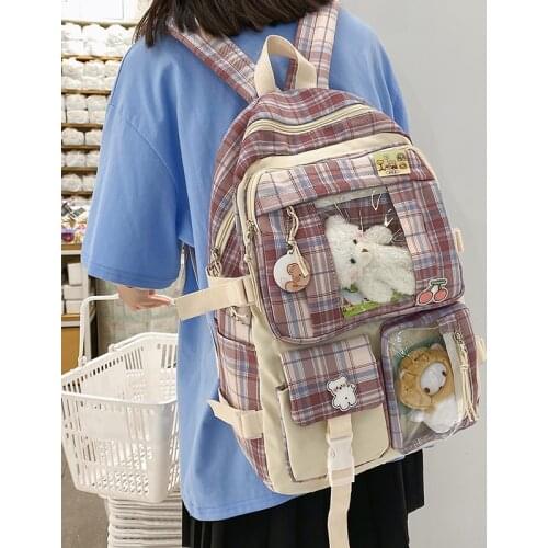 Womens Nylon Travel Backpack for Teenagers Girls Plaid School Bags Preppy Style Bagpacks Female Book Bag Large Capacity Mochila