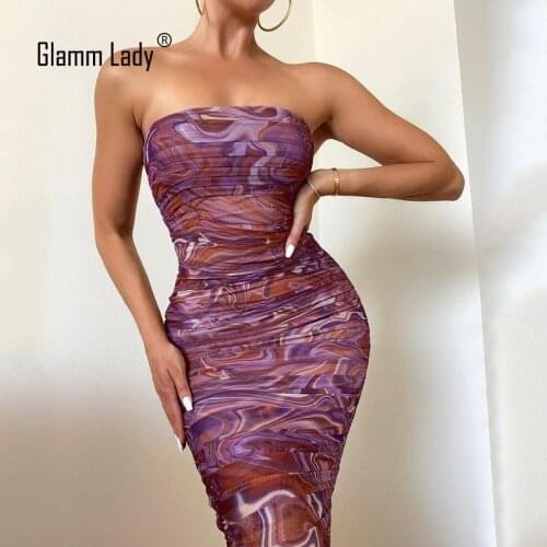 Glamm Lady Double Layer Mesh Digital Print Summer Dress Bodycon Midi Strapless Sexy Party Dresses Women Elegant Casual Vestidos