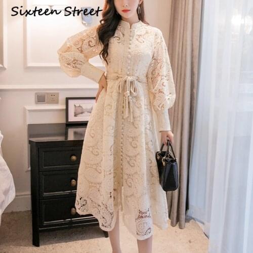 New Woman Dress with Sashes Hollow Out Apricot Lace Long Lantern Sleeve Elegant Party Dress Lady Single-breasted Vestido Fall