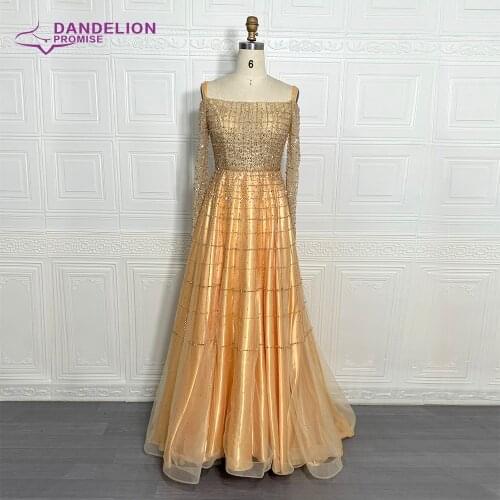 Dubai Brown Long Sleeves Evening Dress Design For Women 2021 A-Line Off Shoulder Beading Formal Party Gown