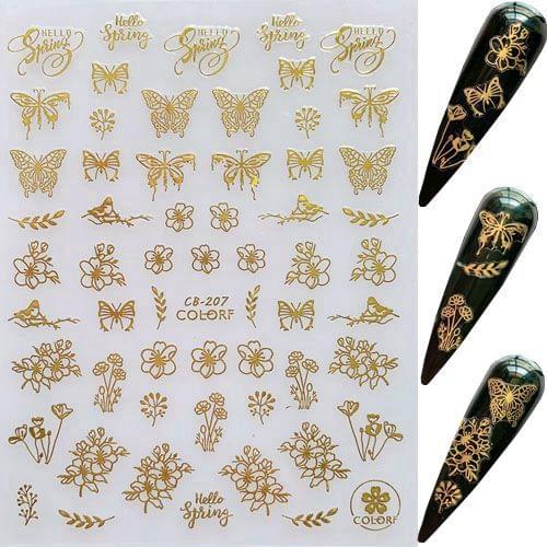 1pc Nail Art Gold Sticker Sheet Butterfly Flower Bee Sea Flame Fairy Shapes Nail Art Adhesive Sticker CB205-213