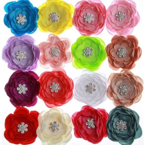 120PCS 9.5CM Skin Burning Fancy Hair Flowers With Rhinestone Embellishment For Headbands Satin Chiffon Flower For Hair Clip