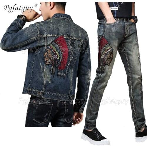 2020 New Mens Slim Fit Denim Jacket Pants 2pcs Set Embroidered Indian Jeans Sets Mens Vintage Blue Jacket + Stretch Hole Jeans
