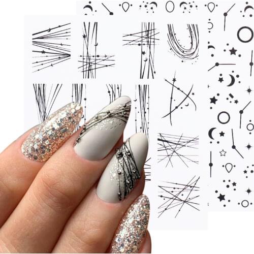 6pcs/Set Black Gold Colorful Geometric Lines 3D Nail Stickers Heart Moon Decals Nail Art Slider Decors Decoration GLDP397-3108