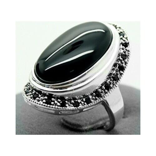 Free shipping 17X30mm Black Oval 925 Sterling Silver Marcasite Ring Size 7/8/9/10