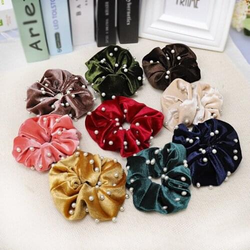 Free shipping Fashion ladys bead velvet Hairbands elegant hair scrunchies for women girls rubber Accessories Ponytail Holder