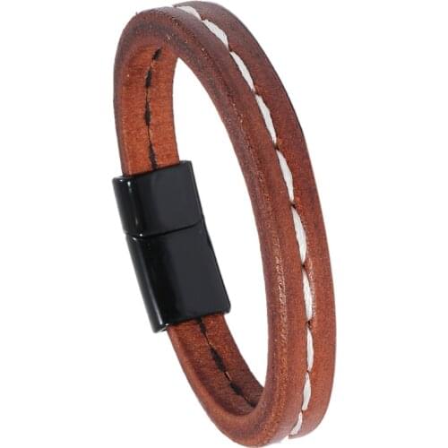 Three Color Magnet Buckle Connector Bracelet Brown Genuine Leather Sewing Crafts Bracelet Jewelry Gift Punk Men