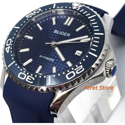 Bliger new 41mm Rubber tape luxury mens watch blue dial sapphire crystal blue Ceramic Spin Bezel Automatic mechanical watches