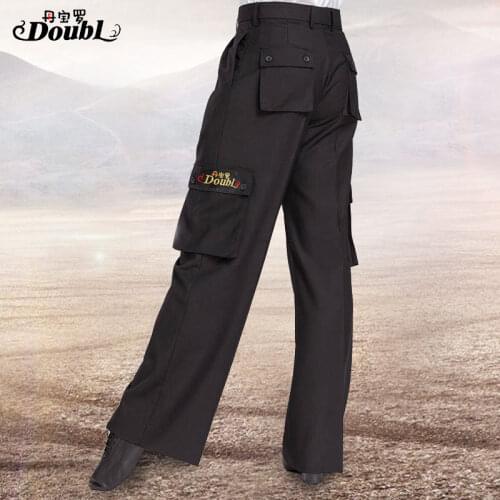 Doubl Brand Latin Modern Standard Fashion Elegant with 6 pockets Cargo Pants Adult Dance Mens Ballroom Trousers Black