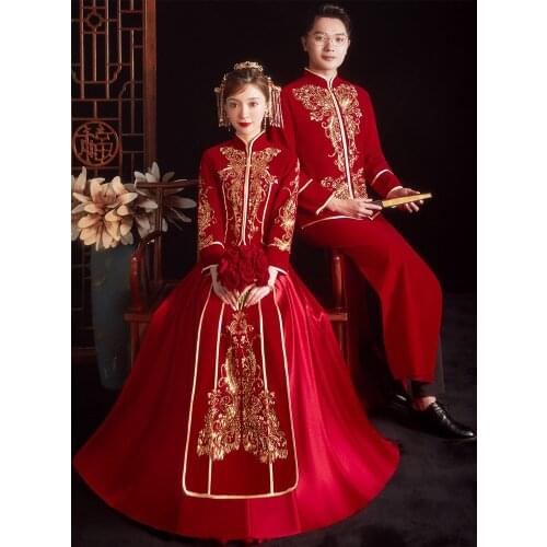 Elegant Bride Marry Dress Embroidery Cheongsam Traditional Chinese Couple Wedding Suit китайская одежда