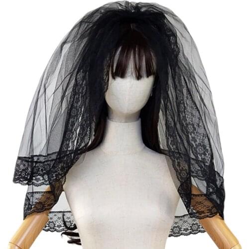 Women Black Tulle Veil with Comb Halloween Cosplay Cool Queen Bridal Veil Lolita Witch 2 Layer Elbow-length Lace Edge Elegant