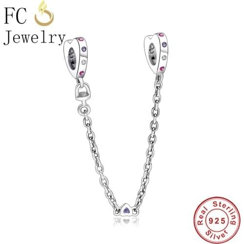 FC Jewelry Fit Original Brand Charm Bracelet 925 Silver Heart Mixed Color Zirconia Beads Safety Chain for DIY Making Berloque