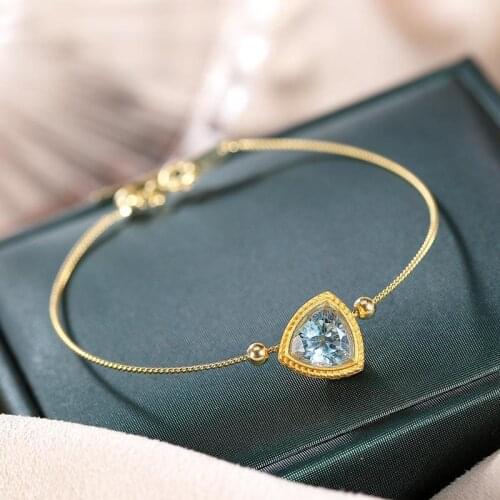 Natural Hetian Jade Blue Chalcedony Triangle Bracelet S925 Sterling Silver Woven Bracelet Palace Style Retro Personalized Orname