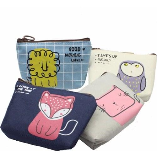 M001 Cute Canvas Women Purses Animal Pattern Owl Lion Fox Cat Girl Children Card Bag Coin Purses
