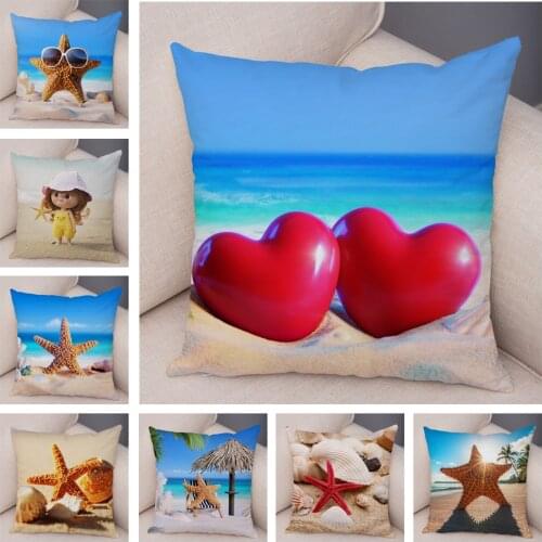 Sea Star Printed Cushion Cover for Sofa Home Car Decor Beautiful Scenery Pillowcase Super Soft Short Plush Beach Pillow Case