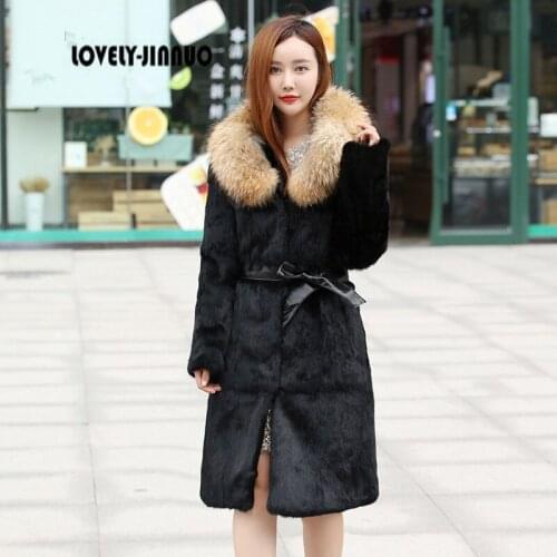 2021 new real Rabbit Fur Coat with raccoon fur collar women full pelt rabbit fur jacket customized big size very long JN406