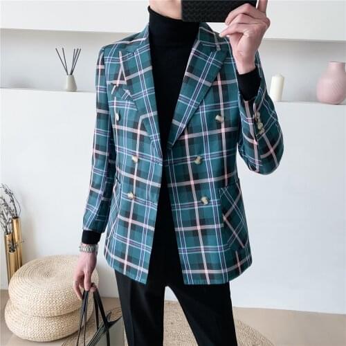 Suit Breasted Pattern Jacket Men Dinner Blazer For Men Vintage Plaid Blazer Double Slim Fit Elegant Masculino Blazer Mannen