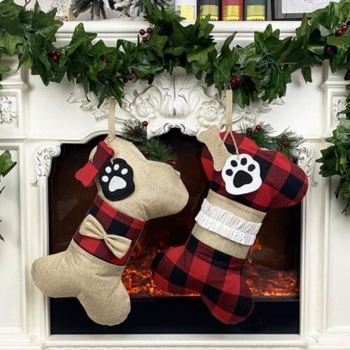 Christmas Decor Stocking Burlap Plaid Bone Shape Decoration Stockings Gift Bag Wall Door Hanging Stockings Ornament Dropship
