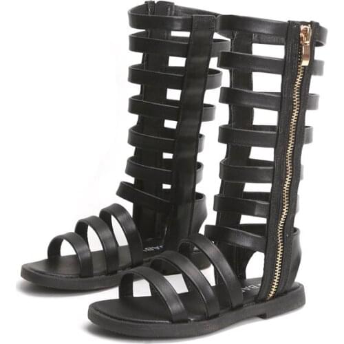 New Summer Girl Sandals Open-toed Long Zip Gladiator High Sandals Size 26-37 Baby Girl Shoes Black Brown White Flat Sandals