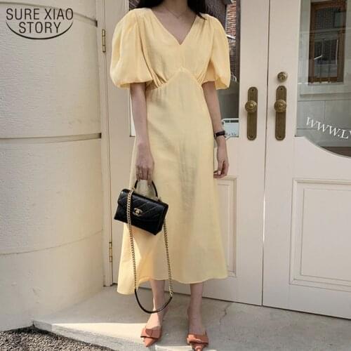 Chic Dress Women French Vintage Puff Sleeve Short Sleeve High Waist Women Long Dresses Solid Wild Elegant Robe Vestido 14144