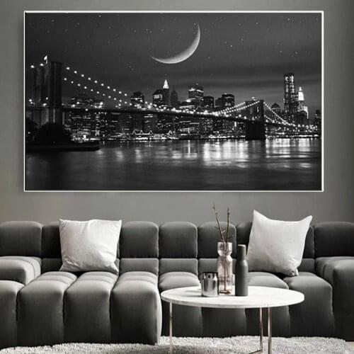 Modern Black And White New York City Manhattan Bridge Landscape Poster Canvas Painting Mural Picture Living Room Mural Print