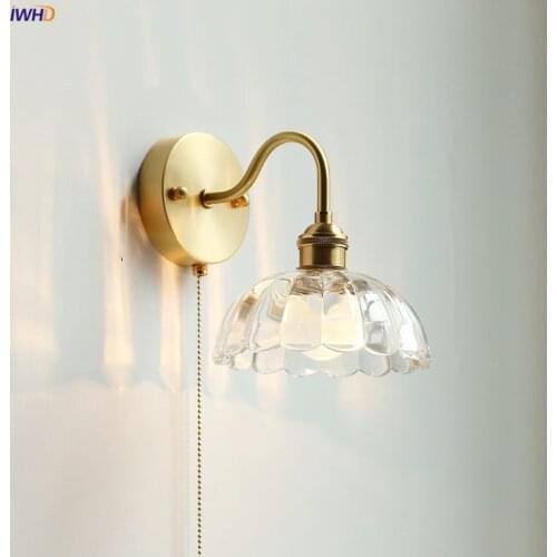 IWHD Glass Copper LED Wall Lights For Home Pull Chain Switch Bedroom Bathroom Mirror Stair Modern Nordic Wandlamp Lampara Pared