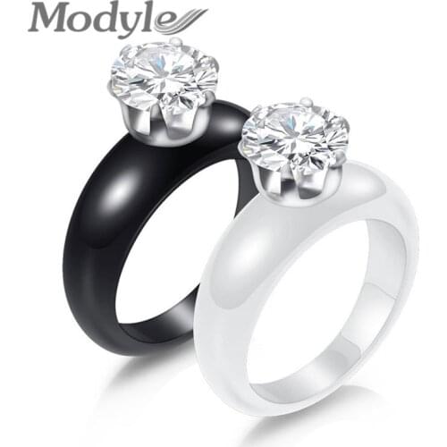 Modyle Wedding Engagement Round Ceramic Ring Black And White Color Cubic Zirconia Ring for Women Wedding Gift