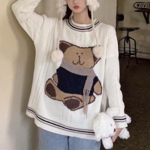 Autumn and Winter Thickening New Preppy Style Cartoon Bear Sweater Womens Outer Wear Korean Style Loose round Neck Sweater