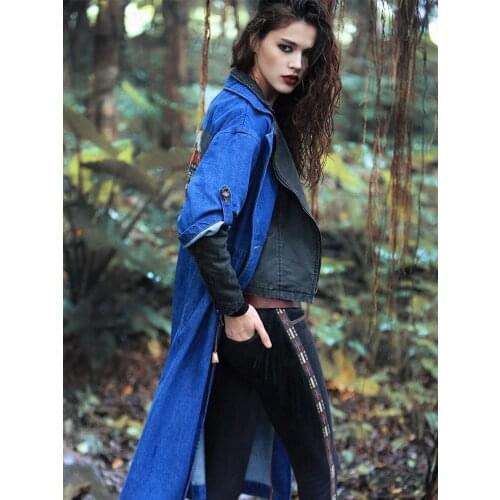 Vintage&Retro AutumnWinter Punk Tooling Design Drawstring Waist Plus Size Loose Denim False Two Piece Long CoatsTrench