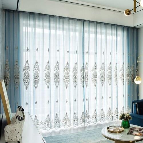 High-end European Curtains for Living Dining Room Bedroom Style Light Luxury Exquisite Embroidered Window Screen Blue Curtains