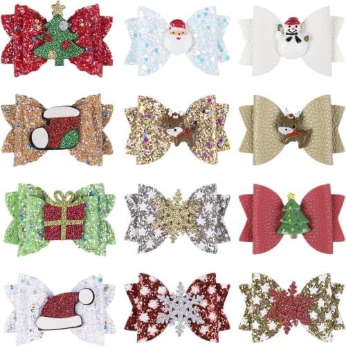XIMA 12pcs/lot Christmas Bows Hair Clips 3inch Girls Hair Bow Hairpins For Children Kids Christmas Party Hair Accessories