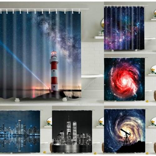 3d Print Lighthouse Galaxy Shower Curtains Night Starry Sky Bathroom Curtain Waterproof Polyester Fabric With Hook Bath Curtain