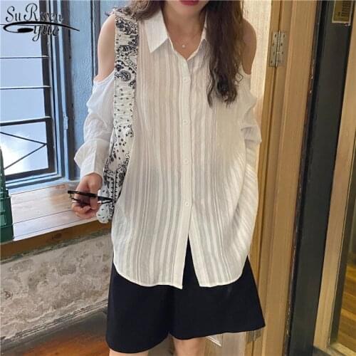 Long Sleeve Womans Shirts Blue Blusas Korean Style All-match Off-Shoulder Single Breasted Autumn Fashion Women Blouses 10959