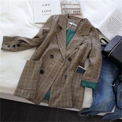 Women Plaid Blazers and Jackets Suit Ladies Long Sleeve Autumn New double-breasted plaid suit loose retro plaid suit jacket fema