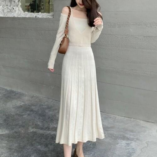 Korean Fashion Casual Knitted 2 Piece Set Women Vest Crop Top + Pleated Long Dress Sets Autumn Two Piece Sweater Dress Suits