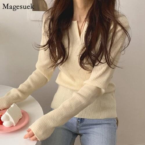 Autumn Winter New Knitted Sweater Slim V-neck Casual Sweater Pullover Long Sleeve Korean Vintage Wool Sweaters Women Tops 16762