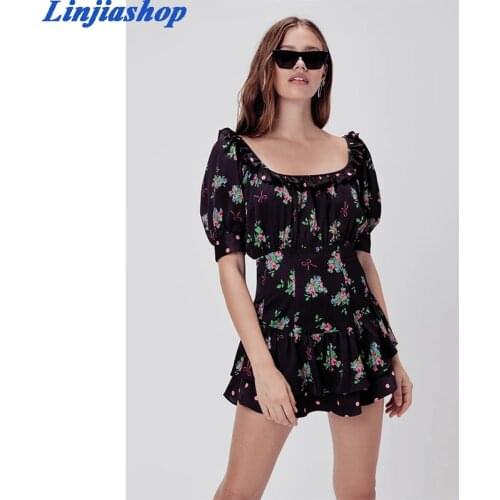 Elegant fashion new mini dress women floral print ruffles puff sleeve square collar sprint summer beach boho dress ladies