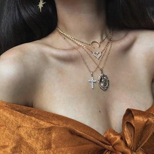 Fashion Crystal Cross Heart Shaped Horn Virgin Mary Pendant Necklaces For Women 2020 Vintage New Female Necklace Jewelry Gift