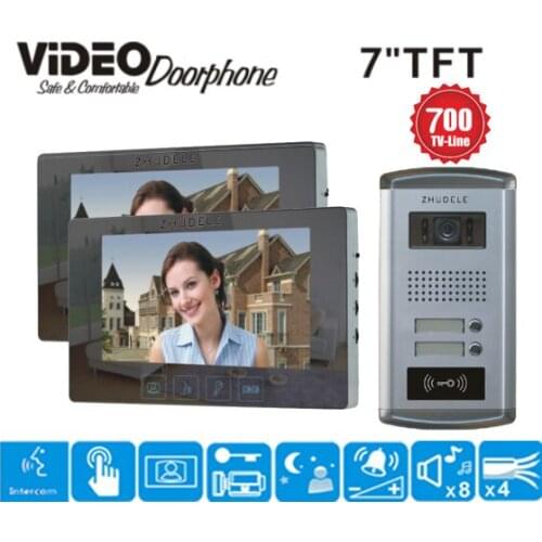 ZHUDELE 7" video/audio door phone Frid CCD camera with ID CARD waterproof cover home security intercom system for 2-apartments