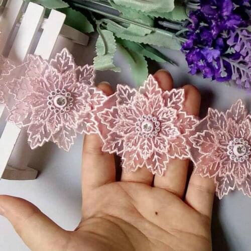 1 yard Pink Pearl Beaded Embroidered Flower Lace Ribbon Trim Floral Applique Patches Fabric Sewing Craft Vintage Wedding Dress