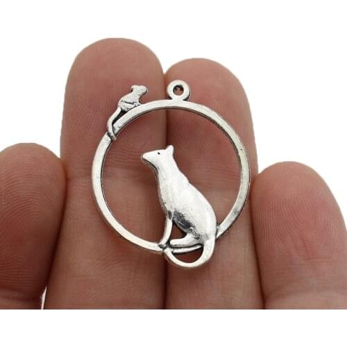 10pcs Antique Silver Plated Cat Mouse Charm Pendants for Jewelry Making Bracelet DIY Accessories 32x26mm