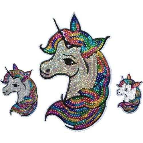 3 Sizes Sequins Unicorn Patches Iron on Patches for Clothes DIY Accessory Decorative Applique Colorful Horse Sequined Patches