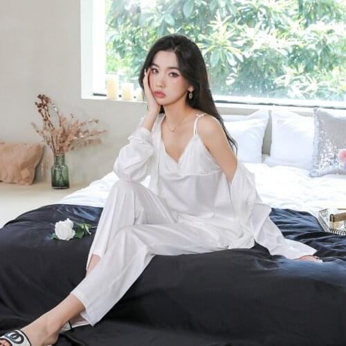 3PCS Faux Silk Women Robe Pajamas Sets Lounge Sexy Strap Top Nightdress Kimono Pyjamas Pant Bride Sleep Suit Lingerie Nightwear