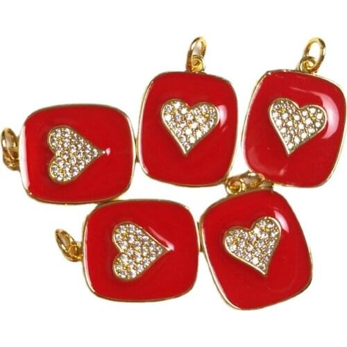 5pcs CZ Heart Red Enamel Charm Pendant Glisten Dainty Heart Red Gold Pendant For Women Necklaces Designer Charm Jewelry Making Y