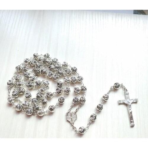 QIGO Antique Acrylic Rose Beads Rosary Necklace Long Religious Jewelry