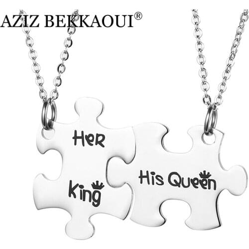 AZIZ BEKKAOUI Engraving Her King & His Queen Necklaces with Crown for Lover Stainless Steel Tag Pendant Necklace Dropshipping